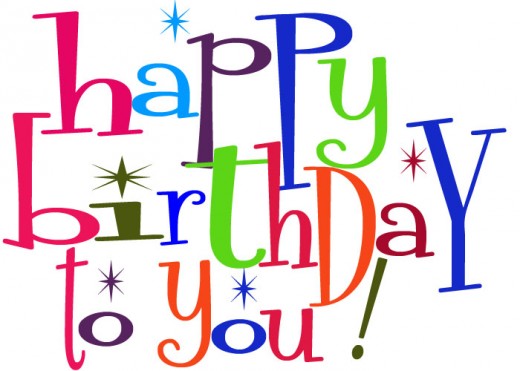 Colorful "Happy Birthday to You!" text with stars and playful fonts on white background.