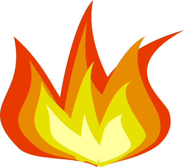 Stylized cartoon flame with layered yellow, orange, and red tongues of fire against a white background.