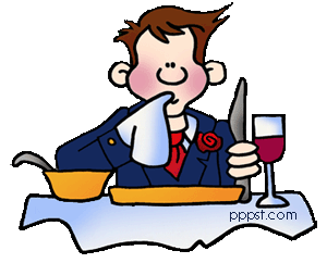 Cartoon man in suit dining with wine, knife, and soup at a table.