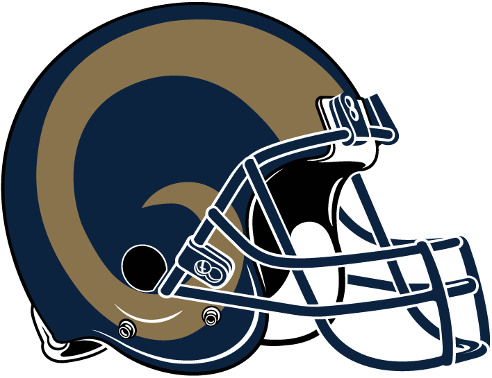 Los Angeles Rams football helmet logo featuring navy blue, gold, and white colors with a ram's horn design.
