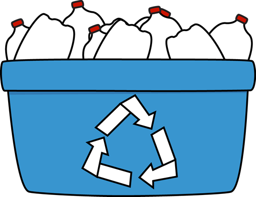 Blue recycling bin filled with plastic bottles, featuring the universal recycling symbol.