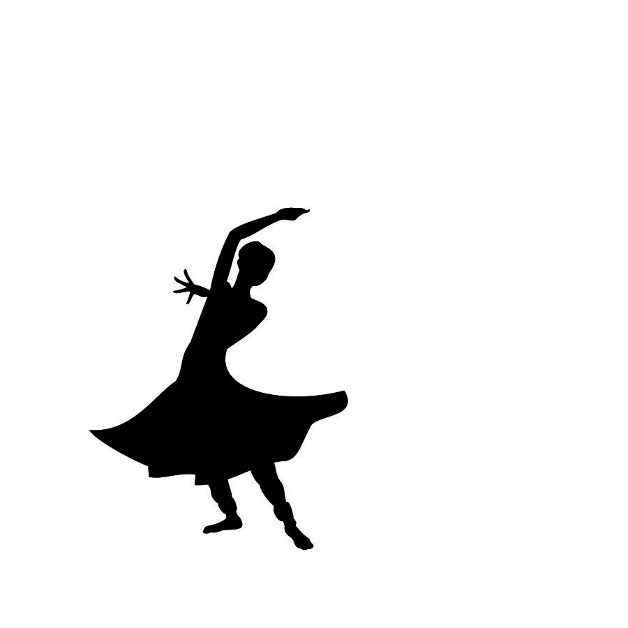 Silhouette of a dancer in flowing dress performing a graceful ballet pose with raised arm and extended leg.