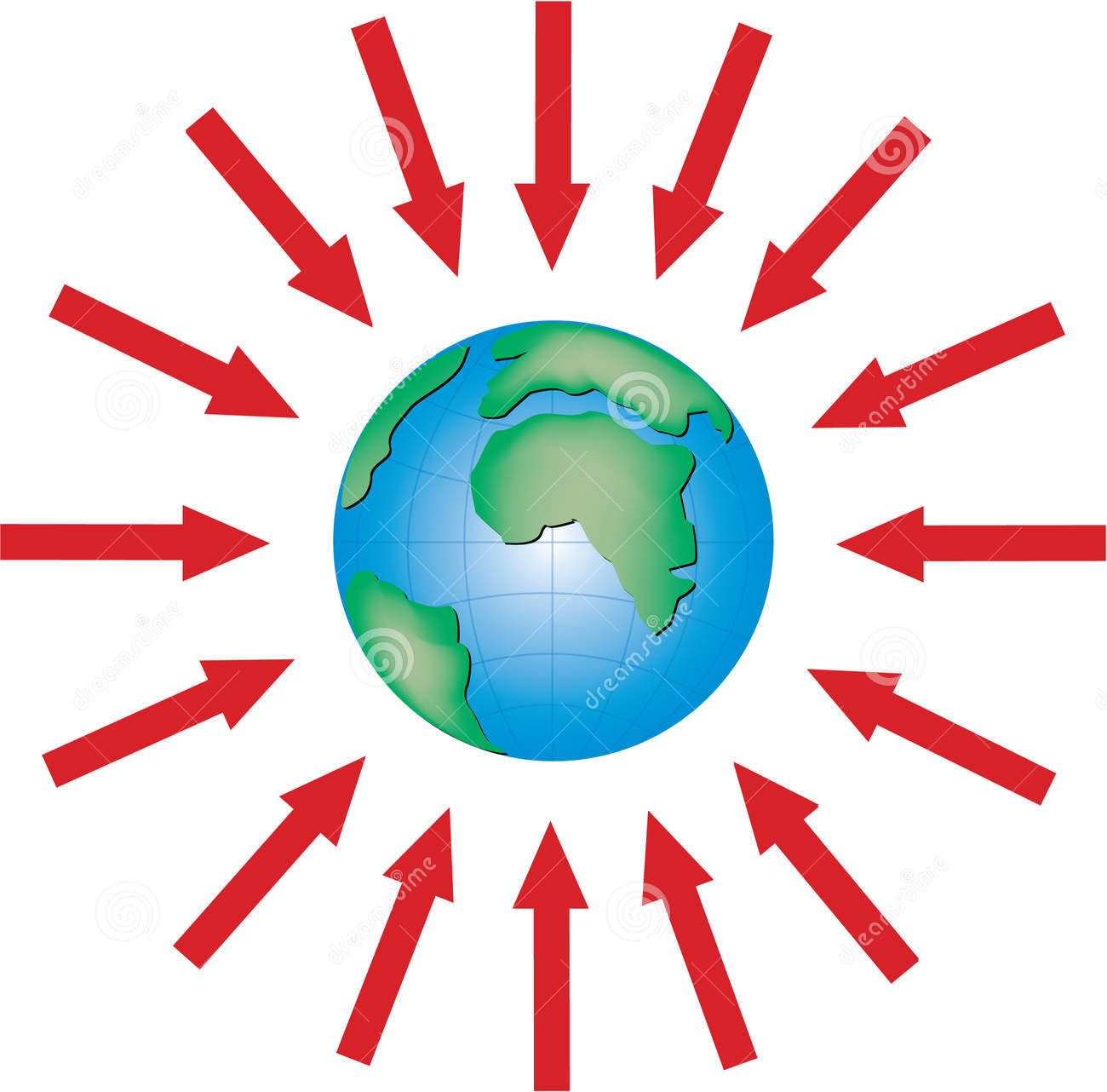 Red arrows pointing inward toward a stylized Earth globe, symbolizing global convergence or pressure.