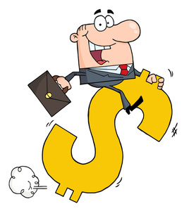 Cartoon businessman joyfully riding a giant yellow dollar sign while holding a briefcase and dropping coins.