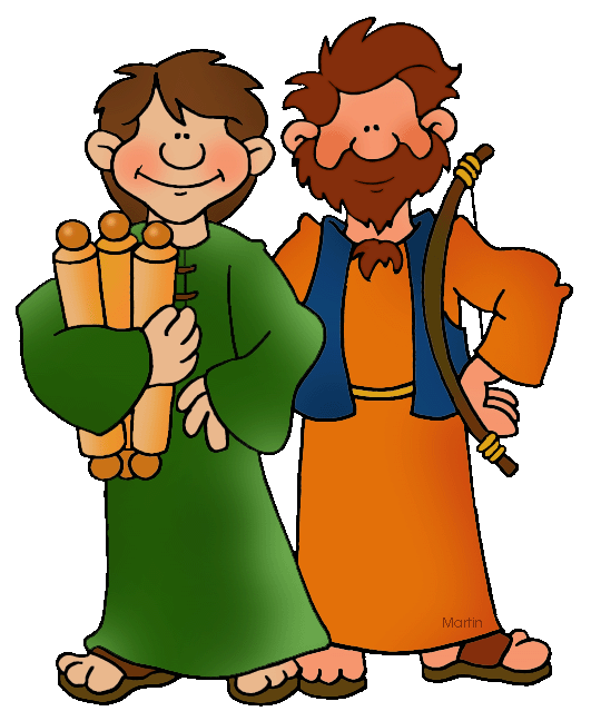 Two cartoon biblical figures: one holding scrolls, the other with a bow and quiver, smiling in ancient attire.