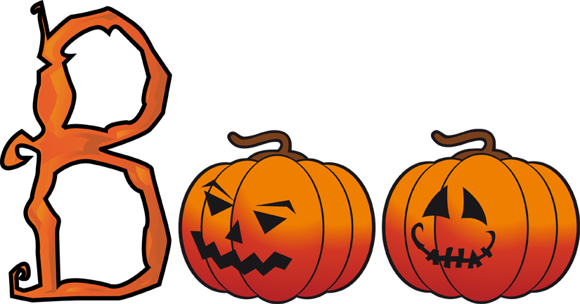 Stylized orange "B" logo beside two carved Halloween pumpkins with spooky faces on a black background.