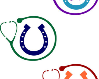 Green stethoscope encircling a blue horseshoe with heart motifs, symbolizing equine veterinary care.