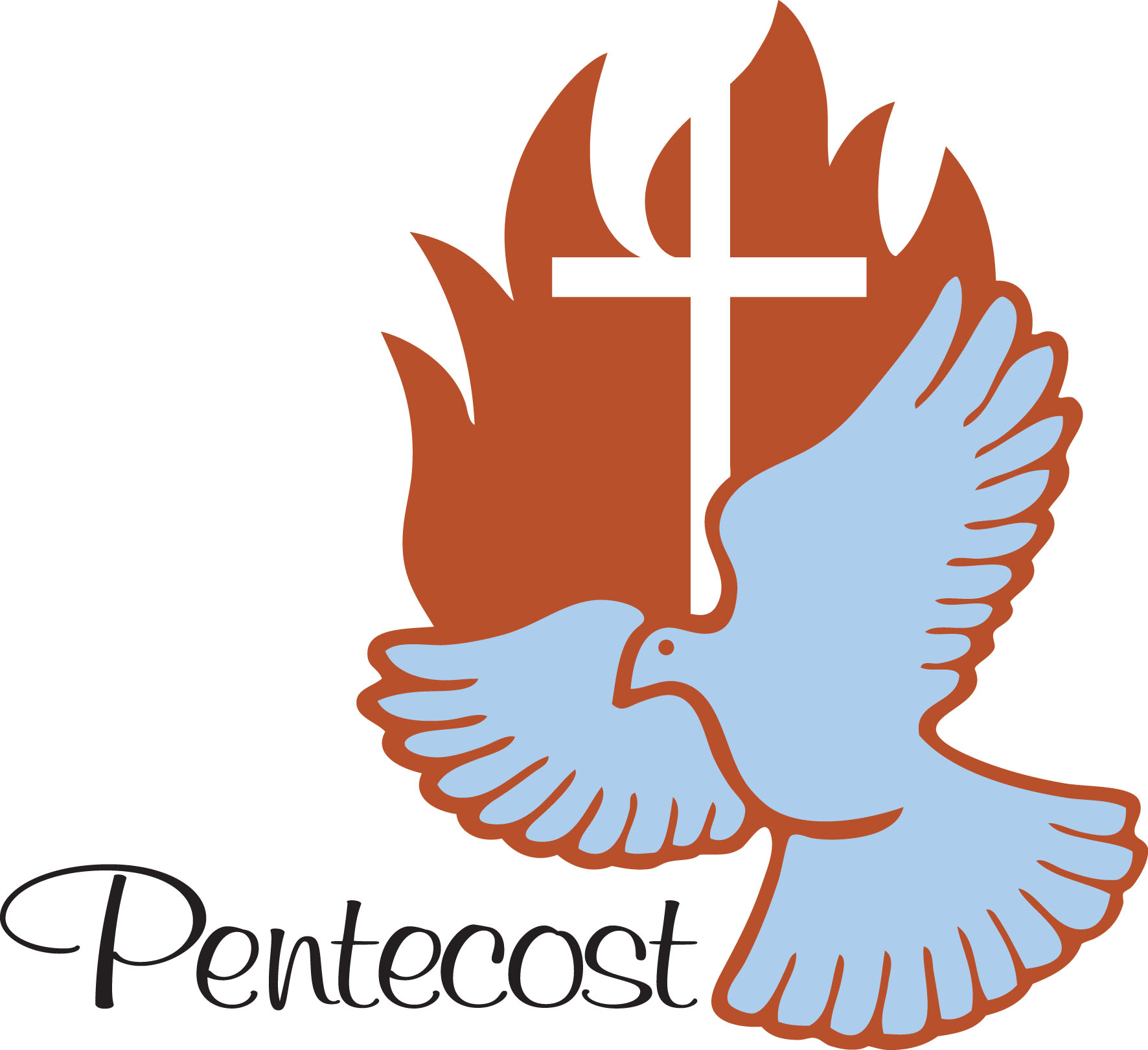 Blue dove with outstretched wings, orange flames, and white cross, labeled "Pentecost"
