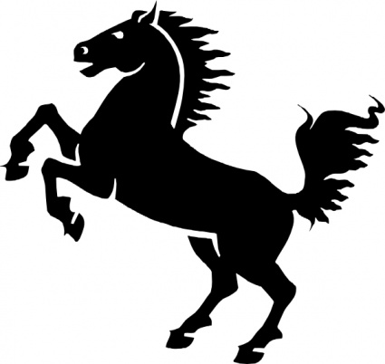 Black silhouette of a rearing horse with flowing mane and tail, stylized and dynamic.