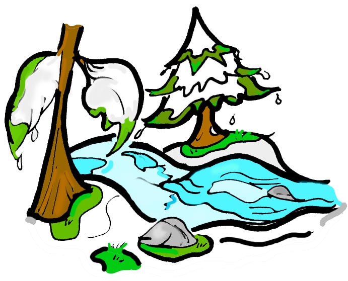 A cartoon-style winter scene with snow-dripping trees, a flowing stream, rocks, and mossy ground.