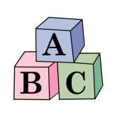 Three colorful wooden alphabet blocks (A, B, C) stacked in a pyramid formation for early childhood learning.