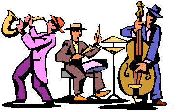 Three jazz musicians performing: a saxophonist in purple, a drummer in brown, and a double bassist in blue, in vibrant cartoon style.