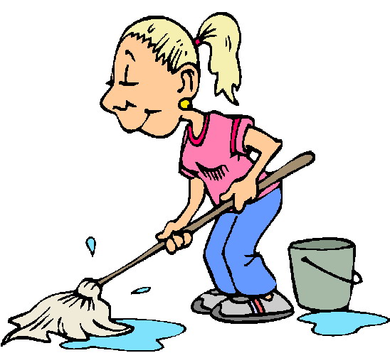 A smiling blonde girl in a pink shirt and blue pants mops a wet floor with a bucket nearby.