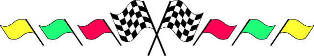 Row of racing flags including yellow, green, red, and two crossed checkered flags on white background.
