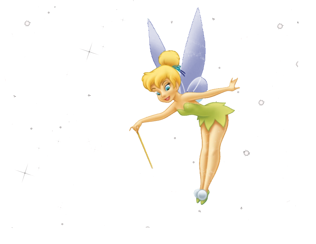 Tinker Bell flying with wand and sparkles, wearing green leaf dress and blue wings.