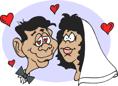 Cartoon bride and groom with hearts, smiling lovingly at each other in wedding attire.