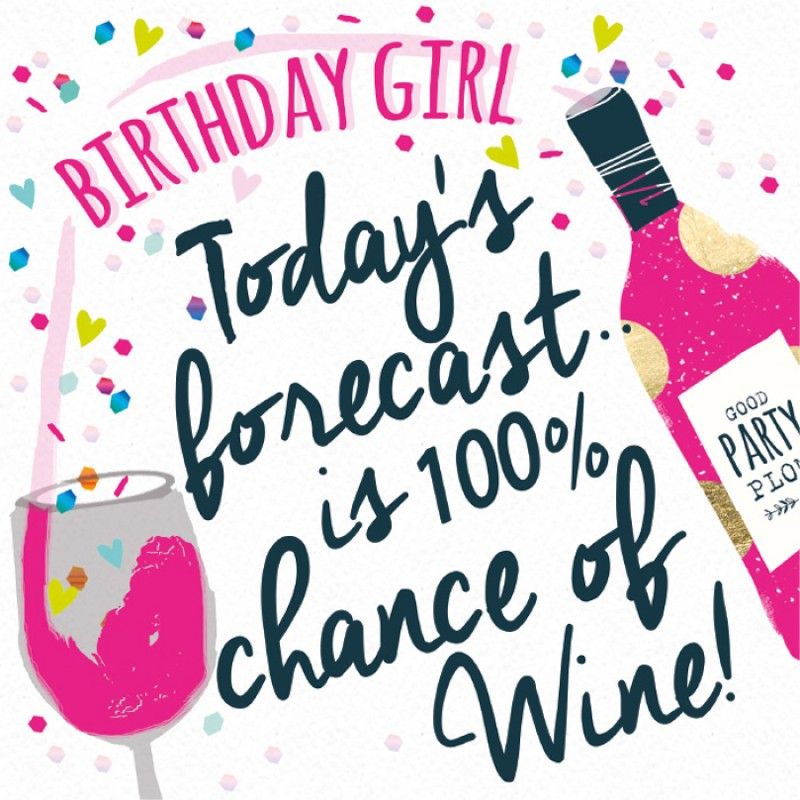 Festive birthday card with pink wine bottle, glass, confetti, and text reading "Today's forecast is 100% chance of Wine!"