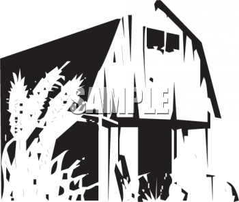 Black-and-white stylized illustration of a rustic barn with overgrown plants and bold geometric shadows.