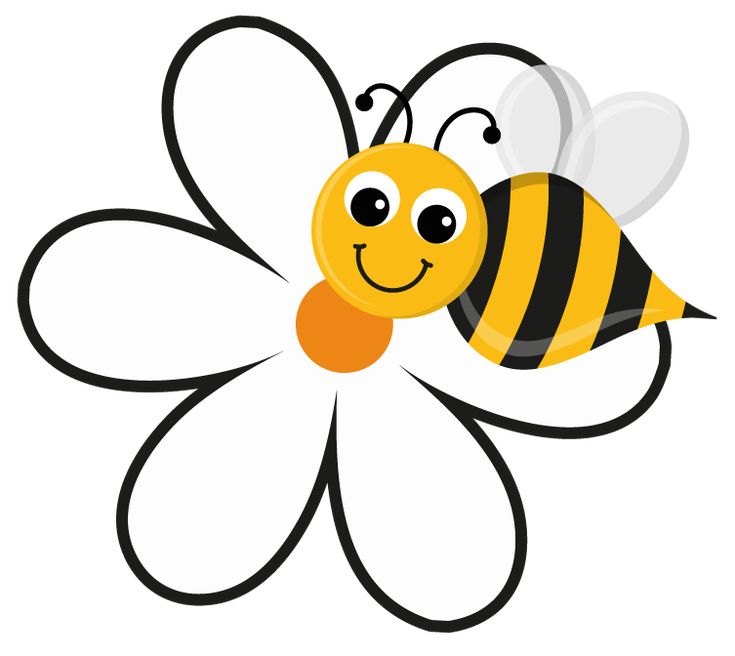 Cheerful cartoon bee with yellow-and-black stripes perched on a white flower with smiling face.