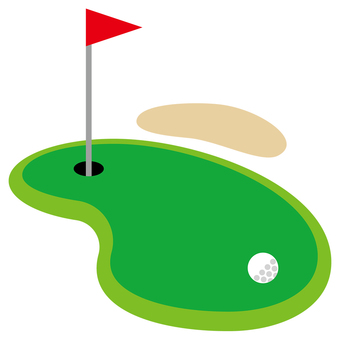 Illustration of a golf green with a red flag, sand trap, and white golf ball near the hole.