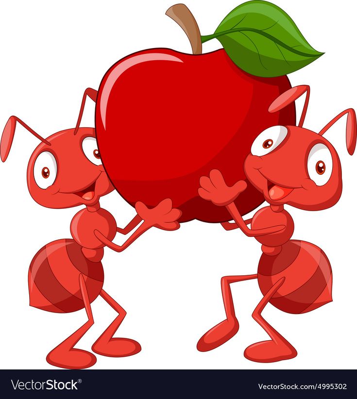 Two cheerful red cartoon ants carrying a large shiny red apple with a green leaf.
