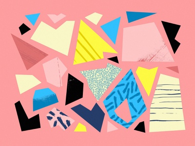 Vibrant abstract collage of geometric shapes in pastel and bold colors on a pink background, featuring patterns and layered textures.