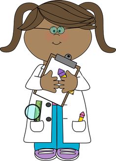 Young girl scientist in lab coat holding clipboard with magnifying glass and tools.