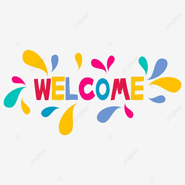 Colorful "WELCOME" text surrounded by vibrant abstract splash shapes in yellow, pink, blue, and teal on white background.