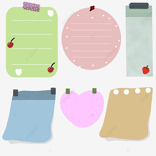 Six colorful illustrated notepads in various shapes-rectangle, circle, heart, and tabbed-with fruit decorations and tape accents.