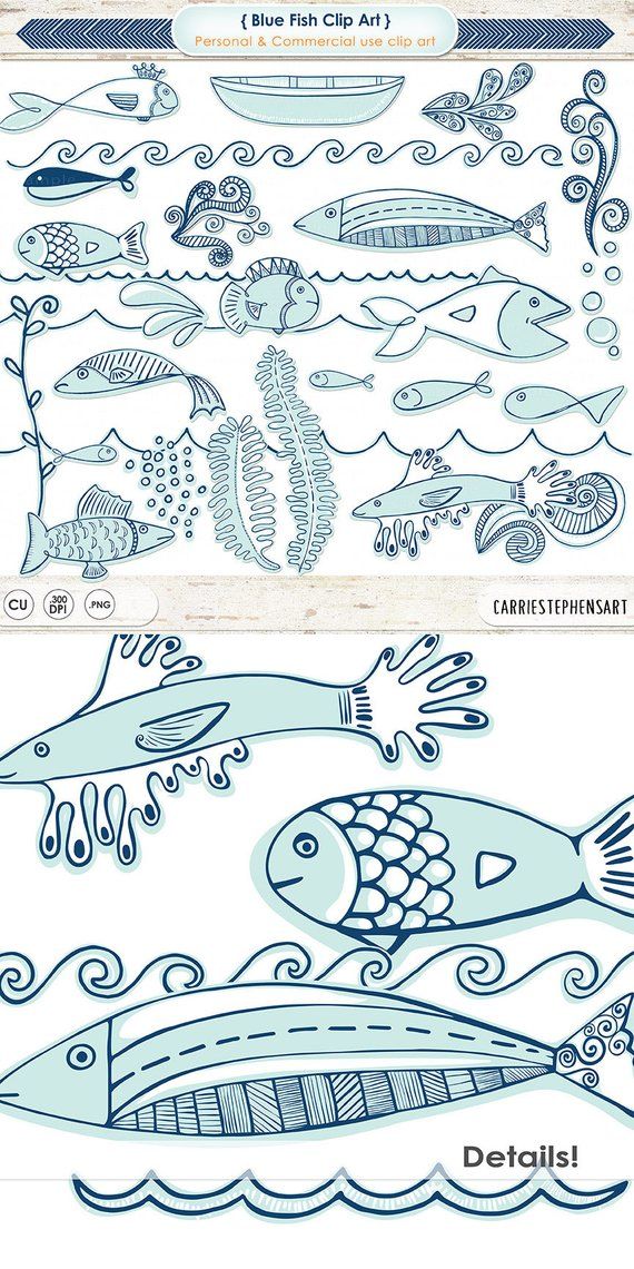 Blue fish clip art collection with hand-drawn marine life, waves, seaweed, and decorative patterns in light blue and navy.