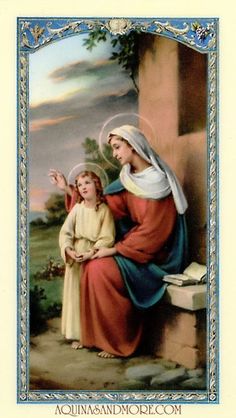 Virgin Mary seated with the Christ Child, both haloed, in a serene outdoor setting with ornate blue border.