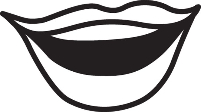 Black-and-white line art illustration of a smiling mouth with parted lips, conveying joy or speech.