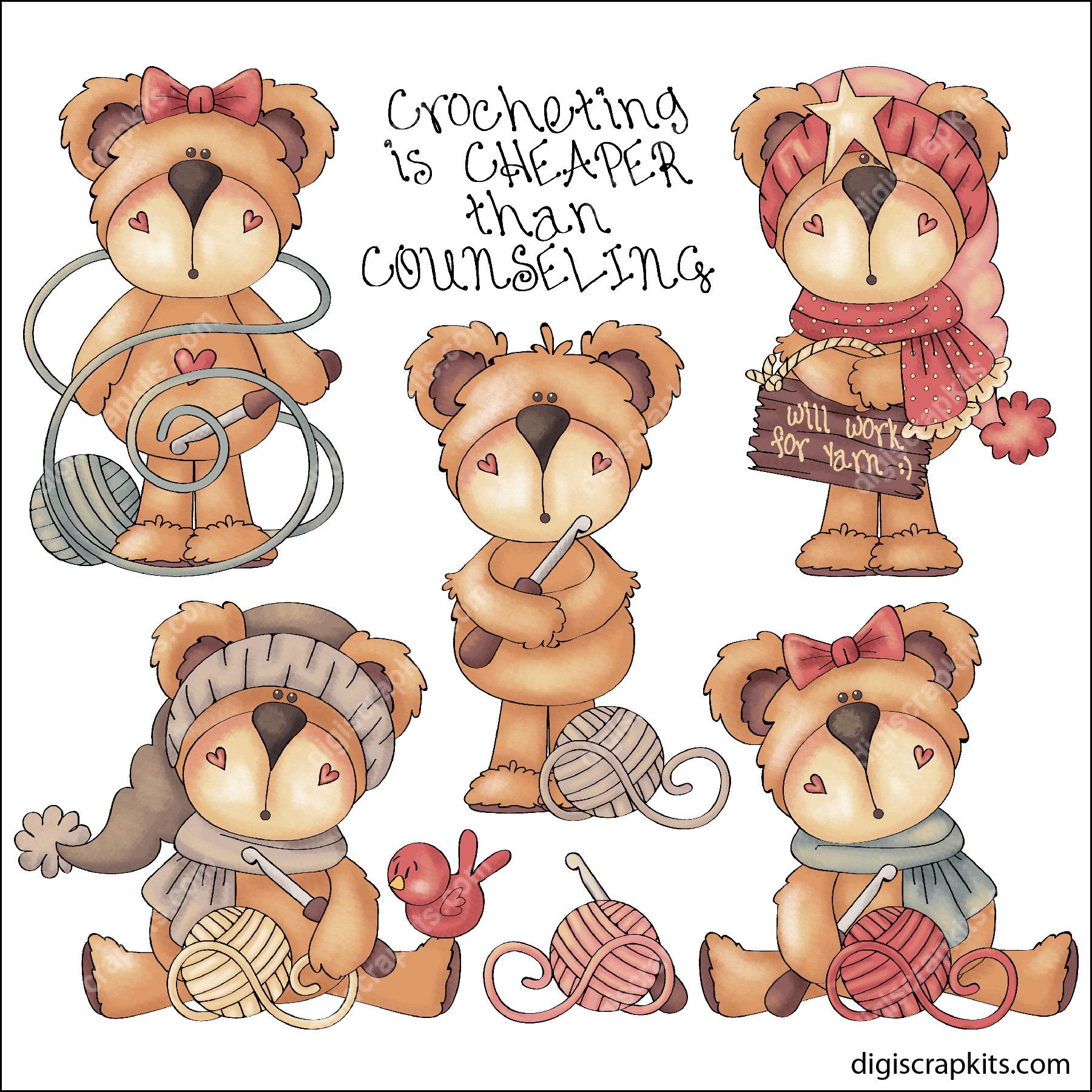 Six cute cartoon bears engaged in crocheting with yarn, hooks, and accessories; humorous text reads "Crocheting is cheaper than counseling."