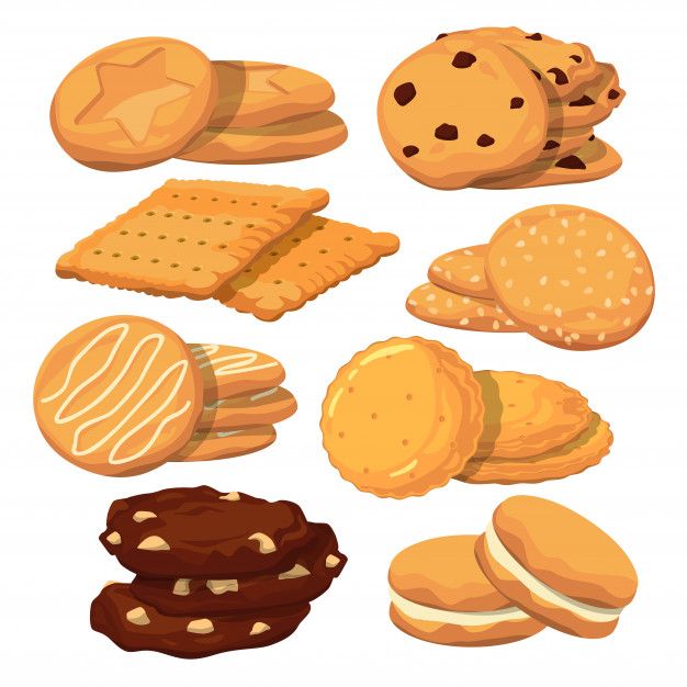 Assorted cookies including chocolate chip, crackers, sandwich, and decorated varieties on white background.
