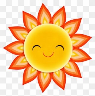 Smiling cartoon sun with orange and yellow petals on transparent background