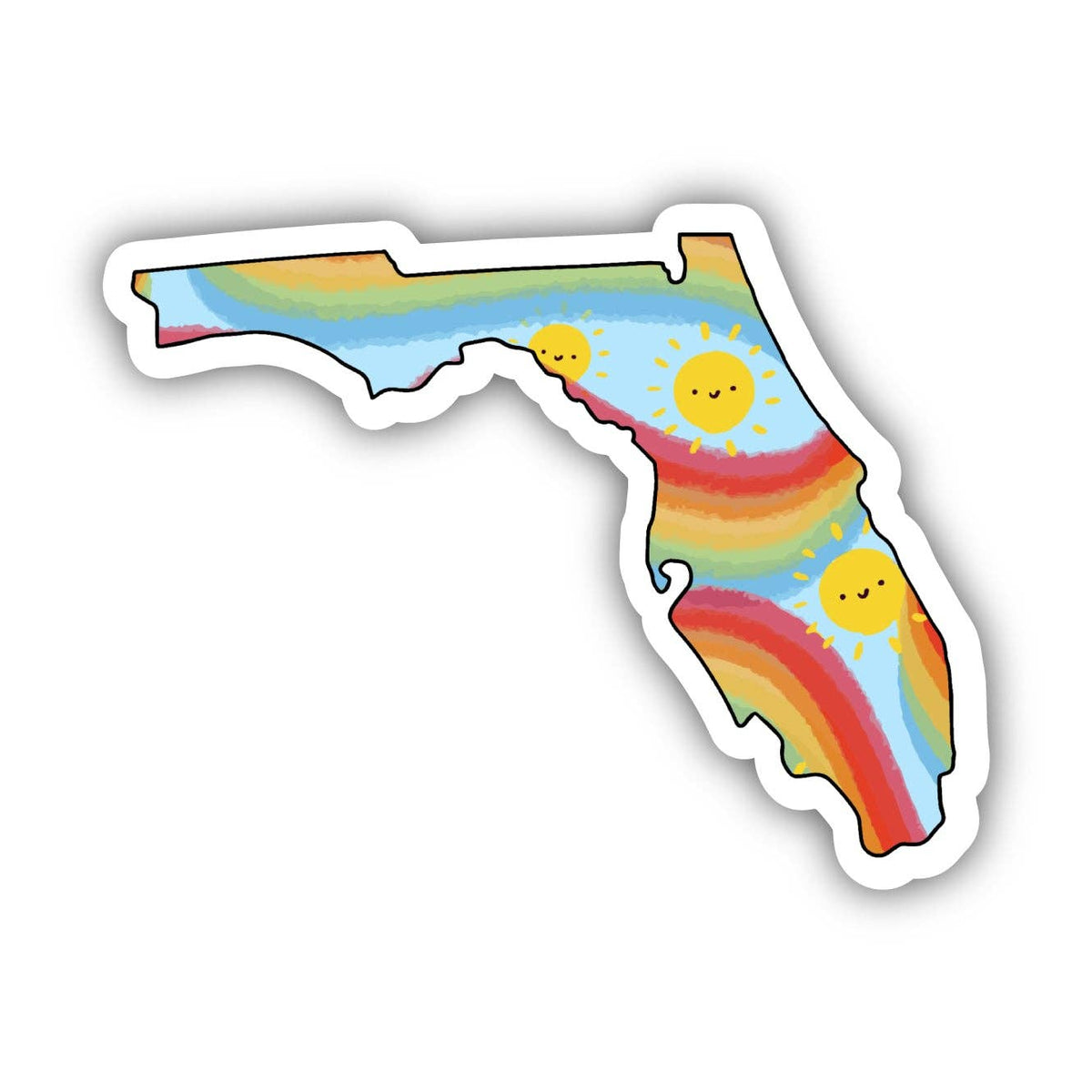 Cute rainbow-colored Florida state outline sticker with smiling suns and watercolor stripes.