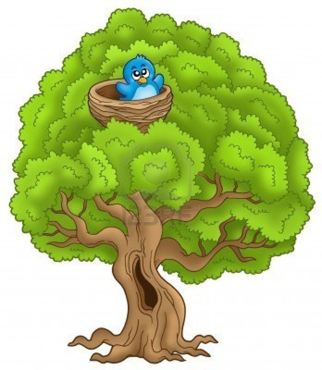 A cheerful blue cartoon bird sits in a woven nest nestled among lush green leaves of a large tree with a hollow trunk.