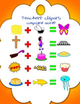 Educational clipart showing compound word puzzles with visual combinations like bee + butterfly = butterfly, cross + girl = girl, etc.