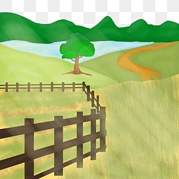 Serene rural landscape with wooden fence, winding dirt path, lone tree, rolling green hills, and distant mountains under soft sky.
