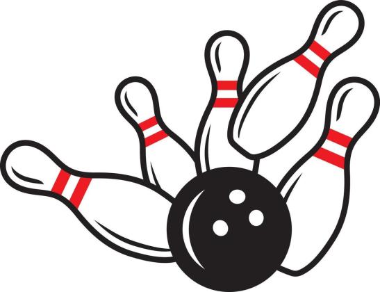 Black bowling ball striking white pins with red stripes in a cartoon-style illustration.