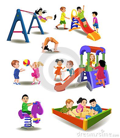 Children playing on swings, slides, climbing frames, sandboxes, and spring riders in a colorful playground setting.