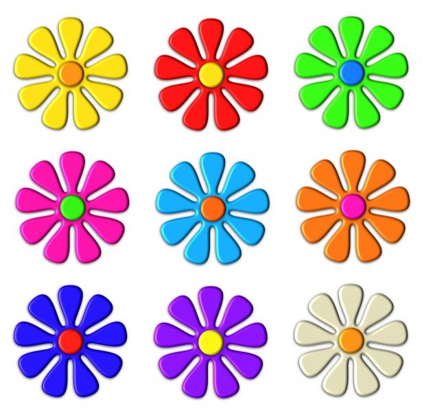Nine vibrant, stylized cartoon flowers in a 3x3 grid with varied petal and center colors on white background.