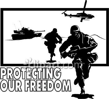 Silhouetted soldiers, tank, and helicopter with bold text "PROTECTING OUR FREEDOM" in high-contrast black-and-white military illustration.