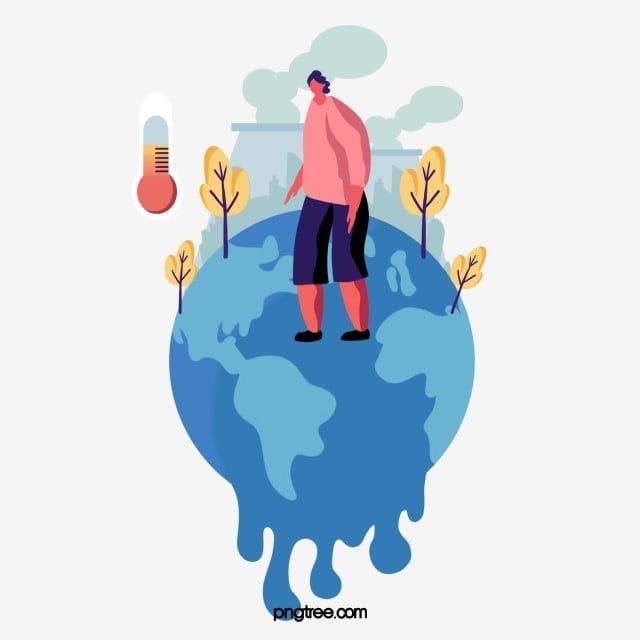 A person stands on a melting Earth with thermometer, smokestacks, and dying trees symbolizing climate change impact.