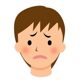 Cartoon illustration of a boy with flushed cheeks, furrowed brows, and a sad downturned mouth, expressing embarrassment or shame.