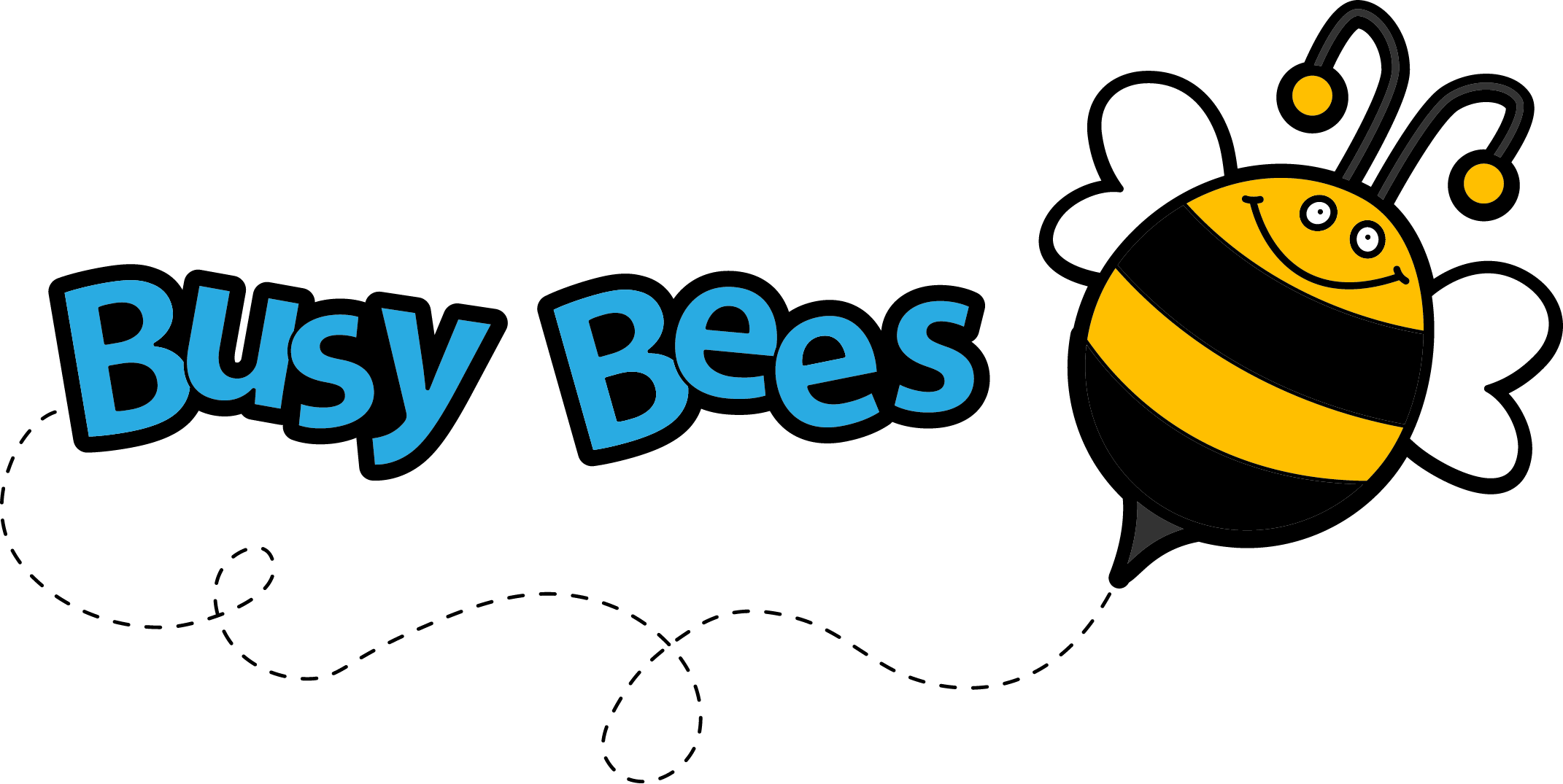 Cheerful cartoon bee with "Busy Bees" text and dashed flight path.