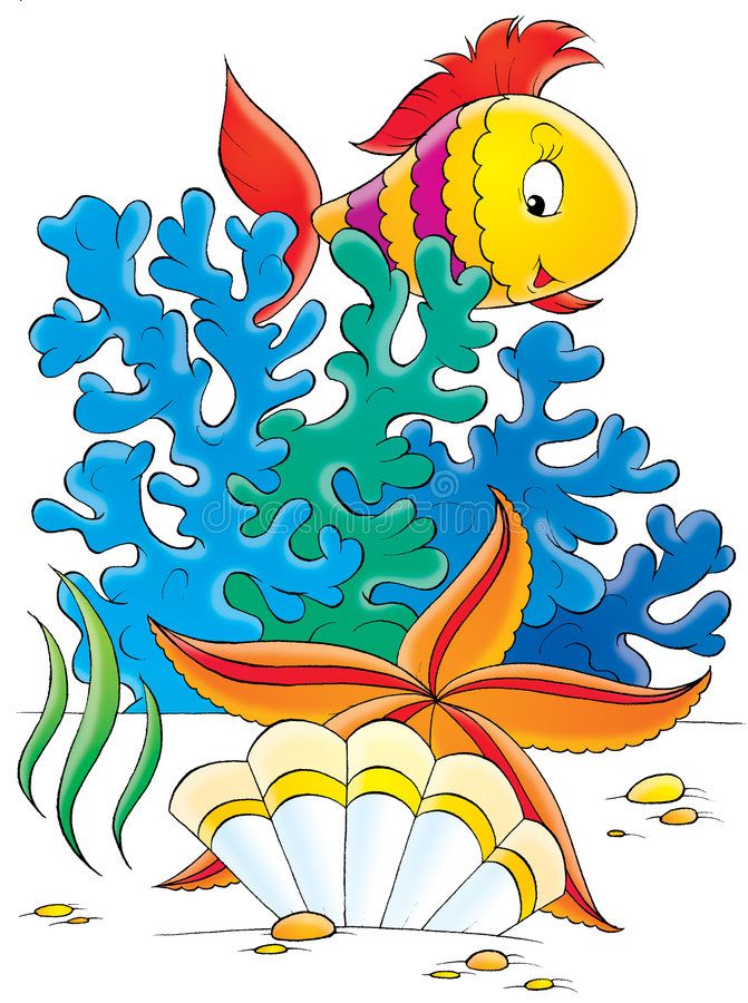 Cheerful yellow cartoon fish with red fins swims among blue and green coral, a starfish, and seashells on sandy ocean floor.