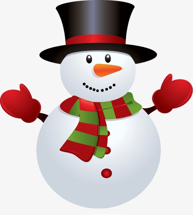 Cheerful snowman wearing black top hat, red mittens, and green-red striped scarf with carrot nose and coal smile.
