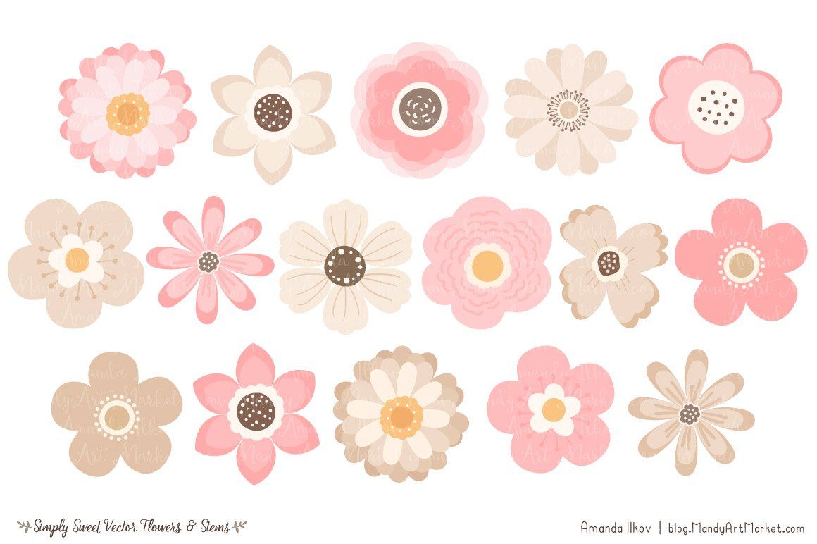 Collection of 15 hand-drawn vector flowers in soft pink, beige, and cream tones with delicate centers and layered petals.