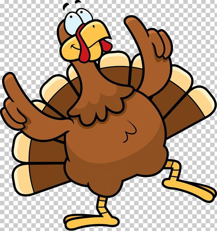 Cheerful cartoon turkey dancing with raised wings and expressive eyes on transparent background.